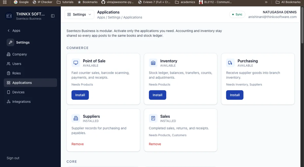 Ssentezo Business applications screen showing commerce modules