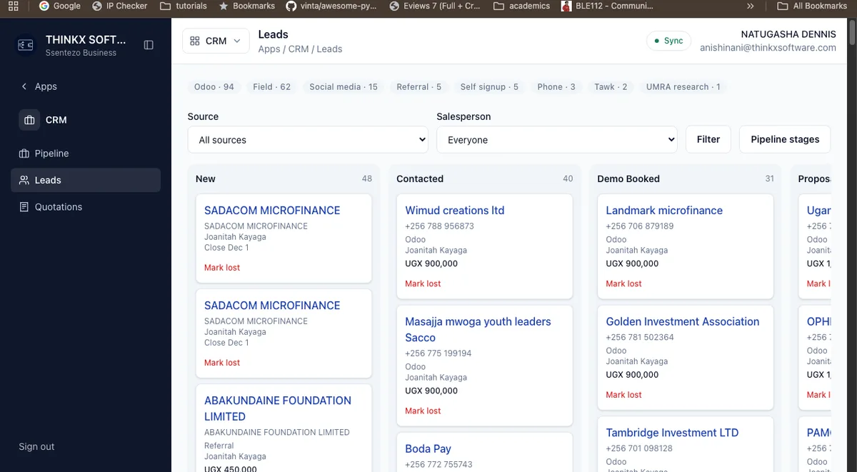 Ssentezo Business CRM leads pipeline