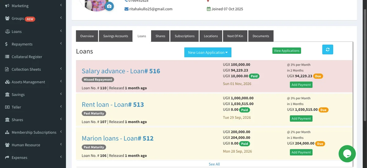 Ssentezo Core Banking client loans screen